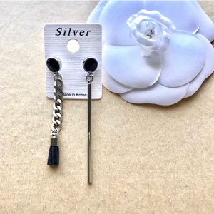 Asymmetrical Black & Silver-Colored Drop Earrings